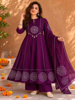 BERRYLICIOUS - Women Wine Printed Anarkali And Palazzo With Dupatta