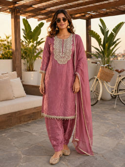 BERRYLICIOUS - Embroidered Pink Kurta And Salwar With Dupatta
