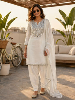 BERRYLICIOUS - Women Embroidered White Kurta And Salwar With Dupatta
