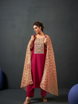 M MARCH LABEL - Cherry Luscious Red Kurta And Pant With Dupatta