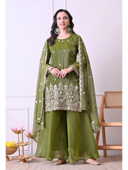 Kedar Fab - Women'S Crunchy Silk Embroidered Green Kurta And Palazzo With Dupatta