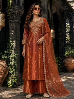 BERRYLICIOUS - Women Embroidered Tissue Shimmer Orange Kurta And Palazzo With Dupatta