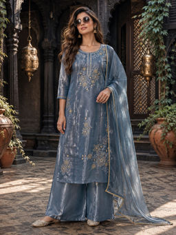 BERRYLICIOUS - Women's Embroidered Tissue Shimmer Blue Kurta And Palazzo With Dupatta