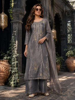 BERRYLICIOUS - Women Embroidered Tissue Shimmer Grey Kurta And Palazzo With Dupatta