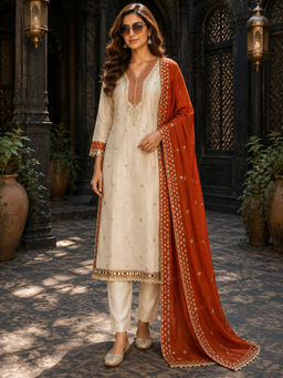 BERRYLICIOUS - Women Embroidered Beige Kurta And Pant With Dupatta