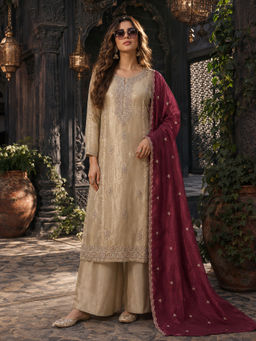BERRYLICIOUS - Women's Embellished Tissue Beige Kurta And Palazzo With Dupatta