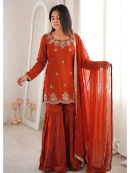 Kedar Fab - Women'S Shimmer Silk Embroidered Orange Kurti And Sharara With Dupatta