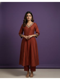 SPAN - Women Silk Printed Bronze Kurta And Pant With Dupatta