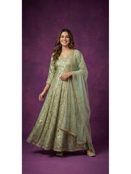 SPAN - Women Cotton Embroidered Olive Kurta And Pant With Dupatta