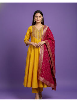 SPAN - Women Cotton Slub Embroidered Yellow Anarkali And Pant With Dupatta