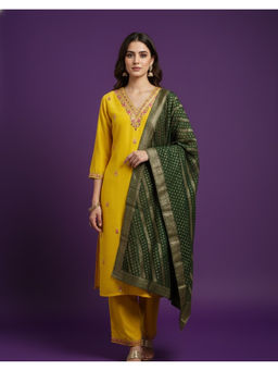SPAN - Women Silk Embroidered Yellow Kurta And Pant With Dupatta