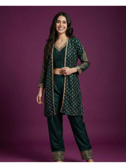SPAN - Women Silk Printed Green Crop Top And Pant With Jacket