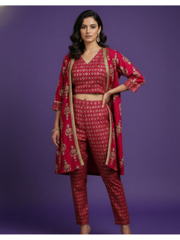SPAN - Women Viscose Printed Red Crop Top And Pant With Jacket