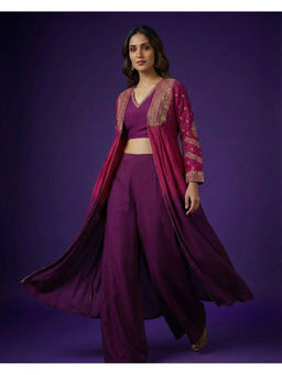 SPAN - Women Santoon Ombre Magenta Crop Top And Pant With Jacket