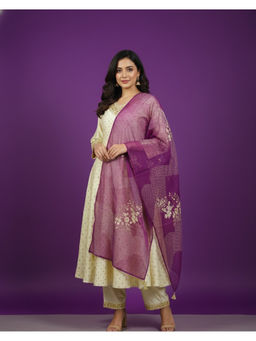 SPAN - Women Silk Printed Ivory Anarkali And Pant With Dupatta