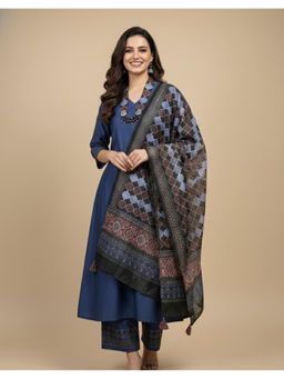 SPAN - Women Silk Printed Blue Anarkali And Pant With Dupatta