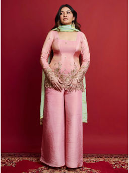 Kedar Fab - Women'S Shimmer Silk Embroidered Pink Kurti And Palazzo With Dupatta