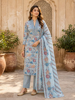 BERRYLICIOUS - Women Cotton Printed Blue Kurta And Pant With Dupatta