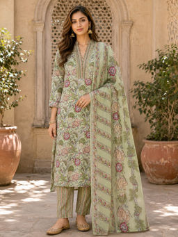 BERRYLICIOUS - Women Cotton Printed Green Kurta And Pant With Dupatta