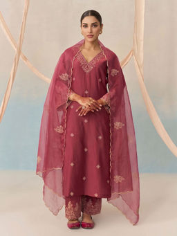 Royal Export - Viscose Chanderi Embroidered Straight Burgundy Kurta And Pant With Dupatta