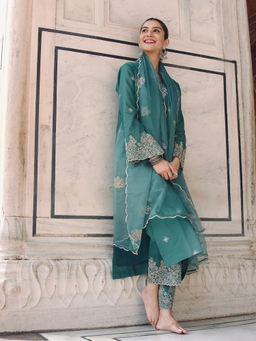 Royal Export - Viscose Chanderi Embroidered Straight Green Kurta And Pant With Dupatta