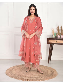 Royal Export - Viscose Chanderi Embroidered Straight Rust Kurta And Pant With Dupatta