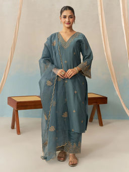 Royal Export - Viscose Chanderi Embroidered Straight Teal Kurta And Pant With Dupatta