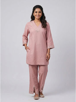 Barara Ethnic - Cotton Pink Embroidered Co-Ord Set