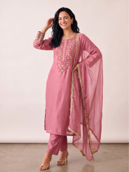 Barara Ethnic - Yoke Embroidered Pink Kurta And Pant With Dupatta