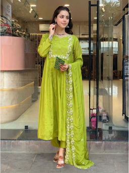 THE52 - Gorgeous Chinon Embroidery Flared Green Anarkali And Pant With Dupatta