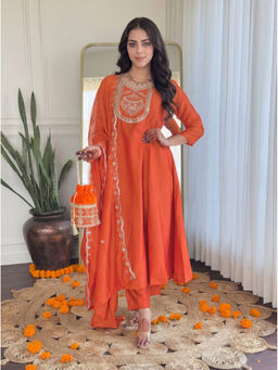 THE52 - Women'S Orange Embroidered Vichitra Silk Anarkali And Pant With Dupatta