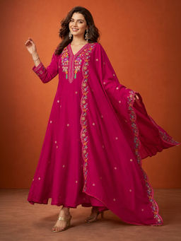 THE52 - Embroidery Work Vichitra Silk Pink Anarkali And Pant With Dupatta