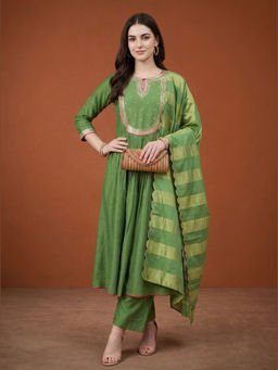THE52 - Gorgeous Embroidery Work Chanderi Green Anarkali And Pant With Dupatta