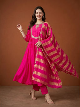 THE52 - Gorgeous Embroidery Work Chanderi Pink Anarkali And Pant With Dupatta