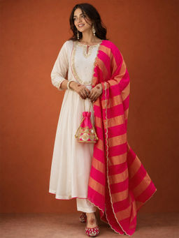 THE52 - Gorgeous Embroidery Work Chanderi White Anarkali And Pant With Dupatta
