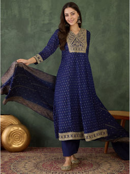THE52 - Gorgeous Embroidery Work Vichitra Silk Blue Anarkali And Pant With Dupatta