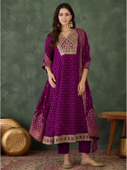 THE52 - Gorgeous Embroidery Work Vichitra Silk Wine Anarkali And Pant With Dupatta