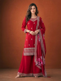 THE52 - Gorgeous Embroidery Vichitra Silk Red Kurta And Sharara With Dupatta