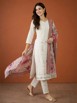 THE52 - Embroidery Work Cotton Fabric Off White Kurta And Pant With Dupatta