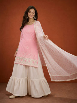 THE52 - Gorgeous Embroidery Work Cotton Satin Pink Kurta And Sharara With Dupatta