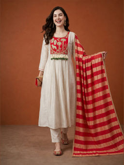THE52 - Women Gorgeous Embroidery Work Silk White Anarkali And Pant With Dupatta