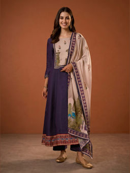 THE52 - Printed Work Viscose Silk Purple Anarkali And Pant With Dupatta