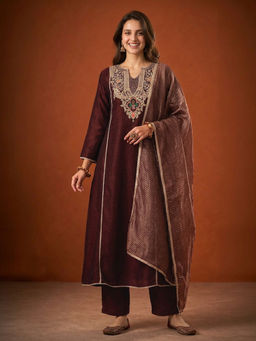 THE52 - Embroidery Work Viscose Silk Fabric Brown Anarkali And Pant With Dupatta