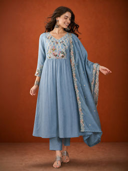 THE52 - Embroidery Work Silk Fabric Blue Anarkali And Pant With Dupatta