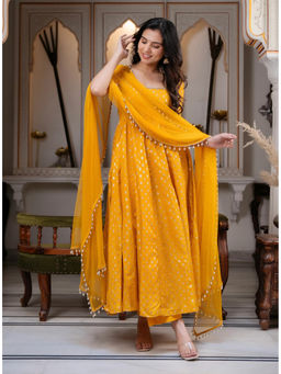 Kedar Fab - Women'S Chanderi Cotton Woven Butta Yellow Anarkali And Pant With Dupatta