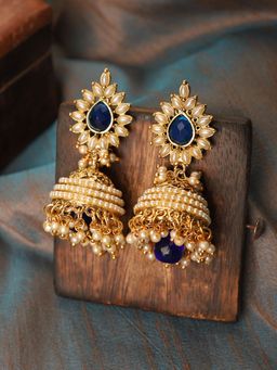 Anika's Creations - Elegant off White Pearl and Stone Designer Gold Plated Blue Drop Jhumka Earring