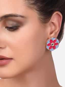 Zaveri Pearls - Pink & Turquoise Blue Meenakari Flower Design Stud Earring-ZPFK14423