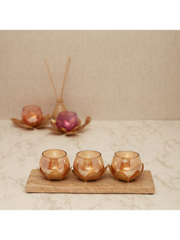 HomeTown - Nelumbra Glass Iron Wood Lotus Votive In Gold (Set of 4)