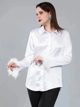 ANNY - White Feather Cuff Satin Shirt