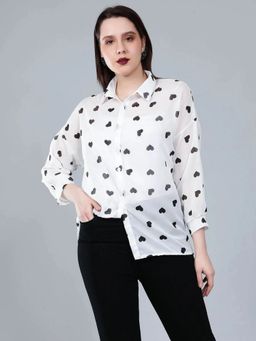 ANNY - White Heart Print Sheer Shirt